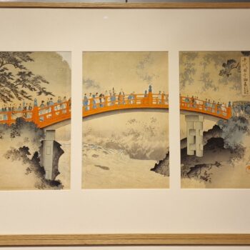Japon - Estampe Tryptique - Pont sacré, visite du sanctuaire de Nikkoi -Toyohara Chikanobu