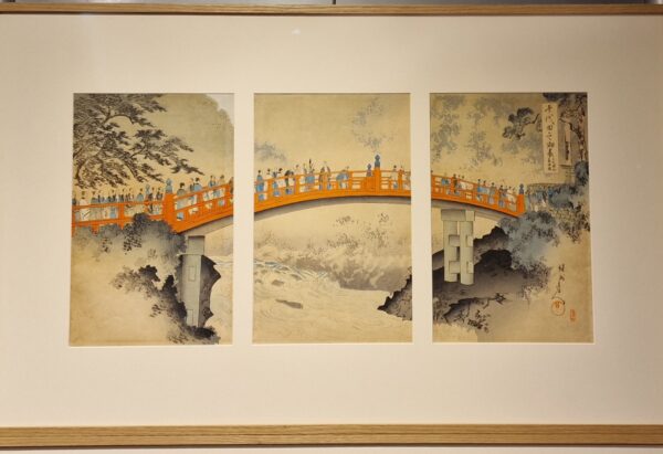 Japon - Estampe Tryptique - Pont sacré, visite du sanctuaire de Nikkoi -Toyohara Chikanobu
