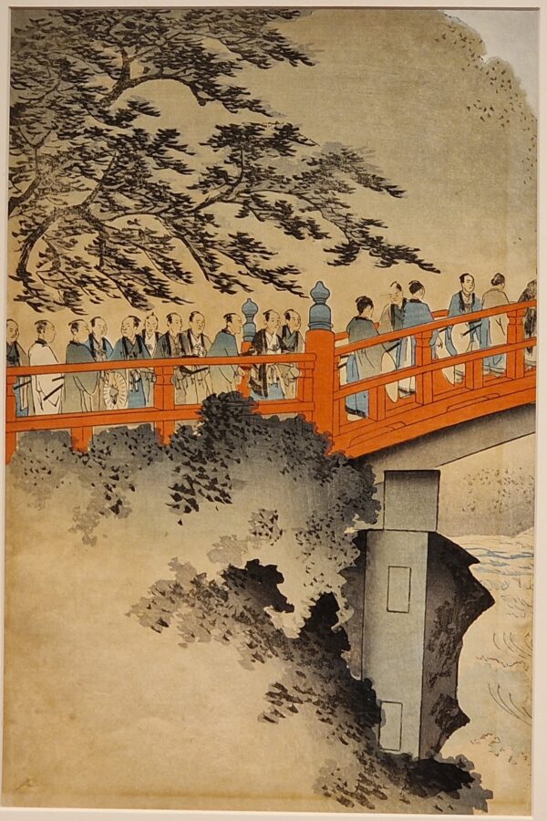 Japon - Estampe Tryptique - Pont sacré, visite du sanctuaire de Nikkoi -Toyohara Chikanobu – Image 2