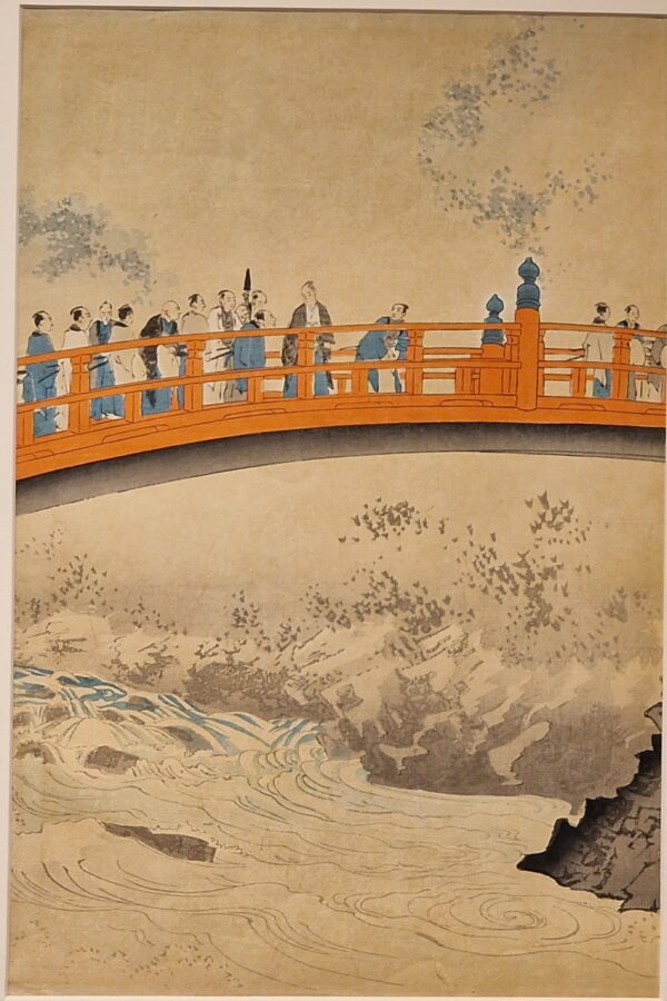 Japon - Estampe Tryptique - Pont sacré, visite du sanctuaire de Nikkoi -Toyohara Chikanobu – Image 3