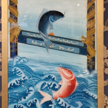 Chine - Peinture églomisé - Carpes et la porte d'or - Début 20ème.