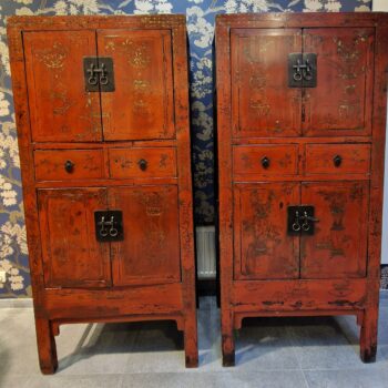 Chine - Paire de cabinets jumeaux rouge et or - Fin Dynastie Qing - Début 20ème