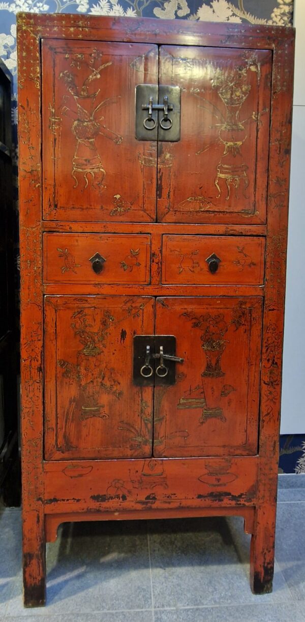 Chine - Paire de cabinets jumeaux rouge et or - Fin Dynastie Qing - Début 20ème – Image 2