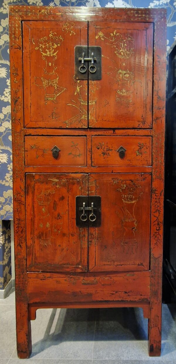 Chine - Paire de cabinets jumeaux rouge et or - Fin Dynastie Qing - Début 20ème – Image 3