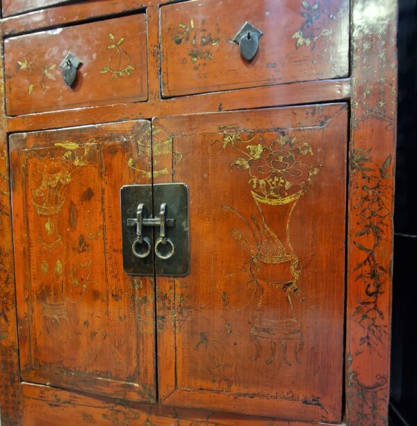 Chine - Paire de cabinets jumeaux rouge et or - Fin Dynastie Qing - Début 20ème – Image 6