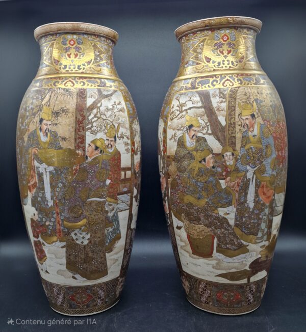 Japon - Jolie et rare paire de grands vases en faïence de Satsuma - Meiji - 19ème.