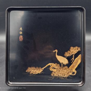 Japon - Plateau en bois laqué décor floral et oiseau - Hiramaki-e - Signé - Shōwa.