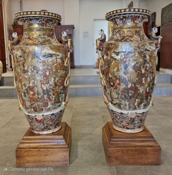 Japon - Exceptionnel paire de grandes vases en faïence de Satsuma - Meiji