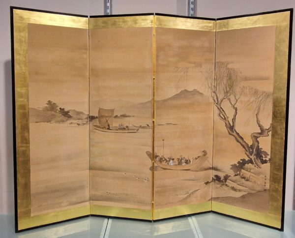 Japon - Paravent (Byõbu) à 4 feuilles - Edo - 19ème - Signé.