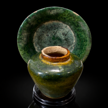 Chine - Jarre et soucoupe à couverte plombifère - Dynastie Ming