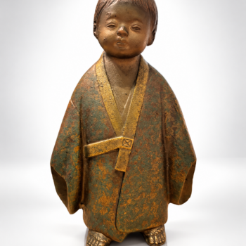 Japon - Okimono Muga Dōji - Alliage métallique polychrome - Époque Shōwa (1926–1989) milieu 20ème.