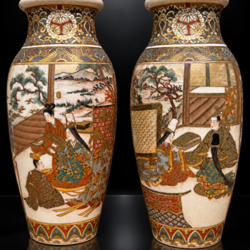 Japon - Paire de grands vases balustres en céramique à décor polychrome et rehauts d'or - Satsuma - Meiji / Fin 19ème.
